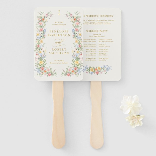 Soft Pastel Ornate Spring Gold Wedding Program Hand Fan (Front and Back)
