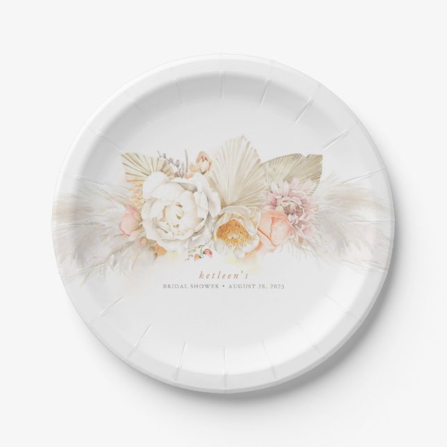 Soft Pastel Pampas Grass and Tender Flowers Paper Plates (Front)