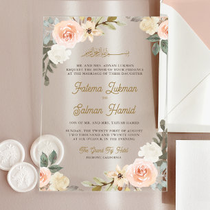 Soft Pastel Peach Floral Islamic Muslim Wedding Acrylic Invitations