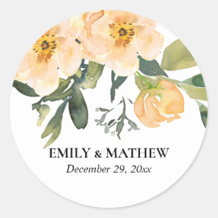 SOFT PASTEL PEACH PEONY FLORAL WATERCOLOR WEDDING CLASSIC ROUND STICKER