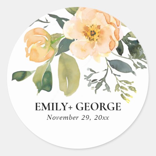 SOFT PASTEL PEACH PEONY WATERCOLOR FLORAL WEDDING CLASSIC ROUND STICKER