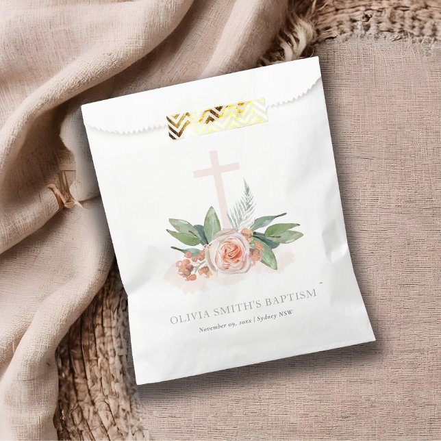 Soft Pastel Peach Rose Floral Cross Bunch Baptism Favor Bag (Creator Uploaded)