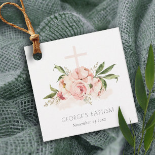 Soft Pastel Peach Rose Floral Cross Bunch Baptism Favor Tags