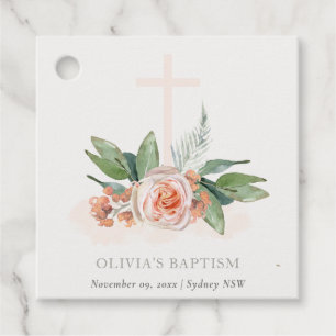 Soft Pastel Peach Rose Floral Cross Bunch Baptism Favor Tags