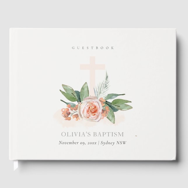 Soft Pastel Peach Rose Floral Cross Bunch Baptism Guest Book (Front)