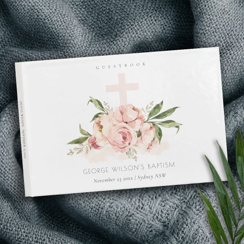 Soft Pastel Peach Rose Floral Cross Bunch Baptism Guest Book