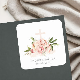 Soft Pastel Peach Rose Floral Cross Bunch Baptism Square Sticker