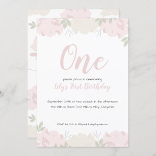 Soft Pastel Peonies Baby Girl's 1st Birthday Party Invitation