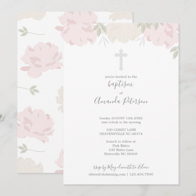 Soft Pastel Peonies Cross Girl Baptism Invitation (Front/Back)