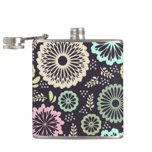 Soft pastel pink and teal flower Vintage BotanicaL Hip Flask