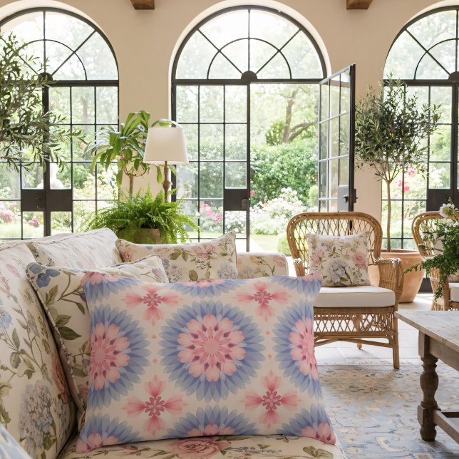 Soft Pastel Pink Blue Floral Kaleidoscope Pattern Accent Pillow (Creator Uploaded)