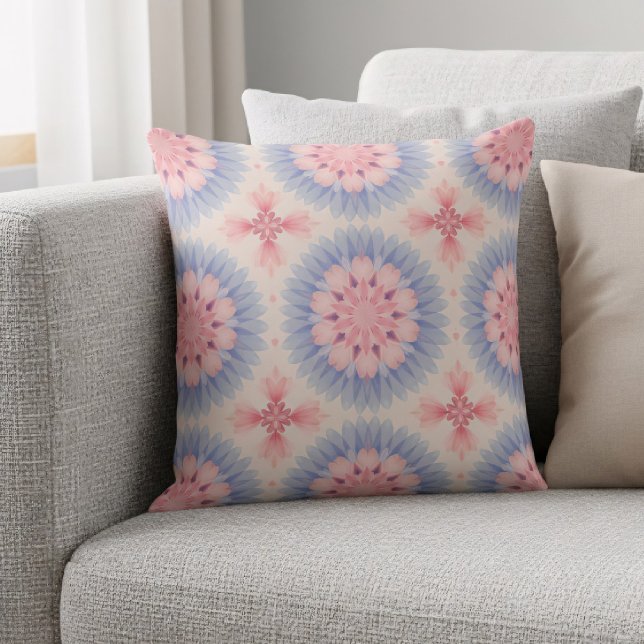 Soft Pastel Pink Blue Floral Kaleidoscope Pattern Throw Pillow (Creator Uploaded)