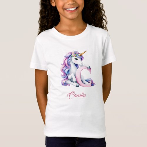 Soft pastel pink blue unicorn letter C monogram T_Shirt