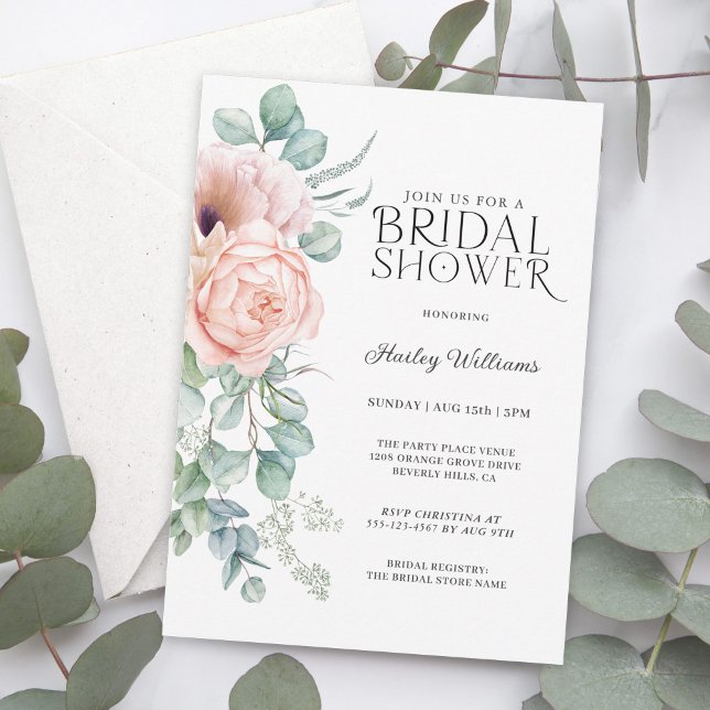 Soft Pastel Pink Boho Floral Bridal Shower Invitation (Available as printed and paperless digital download!)