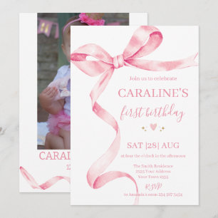 Soft Pastel Pink Bow 1st Birthday  Invitation