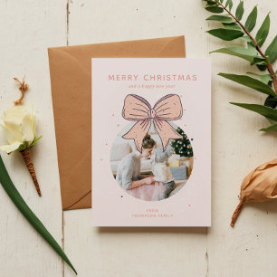 Soft Pastel Pink Christmas Ball Bow Photo Holiday Card