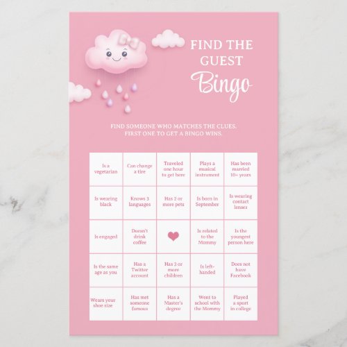 Soft pastel pink cloud Find The Guest Bingo game