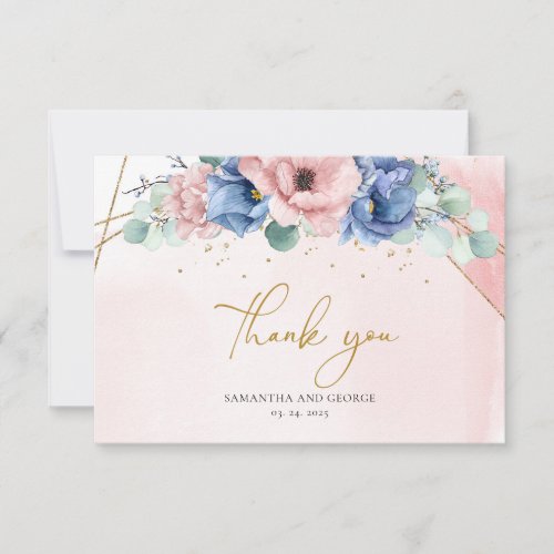 Soft pastel pink dusty blue gold frame wedding thank you card