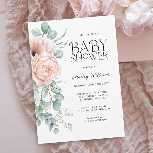 Soft Pastel Pink Floral Girl Baby Shower Invitation