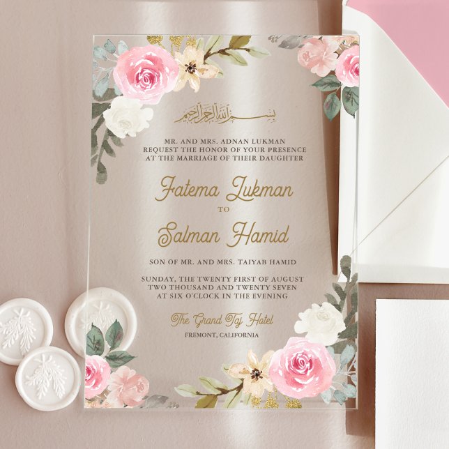 Soft Pastel Pink Floral Islamic Muslim Wedding Acrylic Invitations (Creator Uploaded)