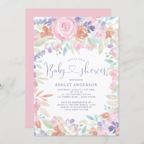 Soft pastel pink floral watercolor baby shower invitation