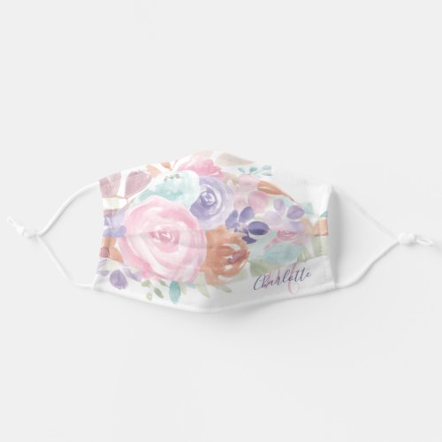 Soft pastel pink floral watercolor monogram name adult cloth face mask