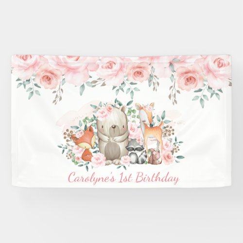 Soft Pastel Pink Floral Woodland Animals Birthday Banner