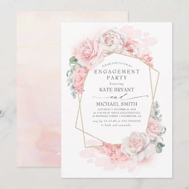 Soft Pastel Pink Flowers Dreamy Engagement Party Invitation (Front/Back)