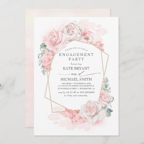 Soft Pastel Pink Flowers Dreamy Engagement Party Invitation