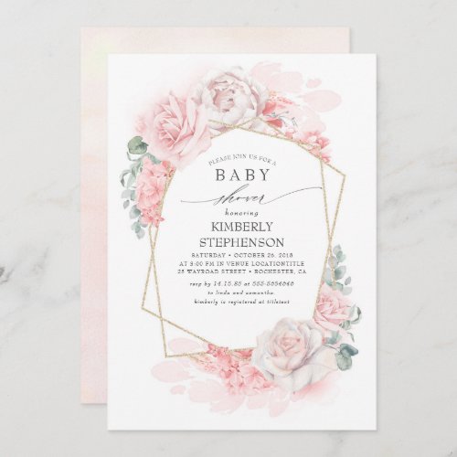 Soft Pastel Pink Flowers Elegant Baby Shower Invitation