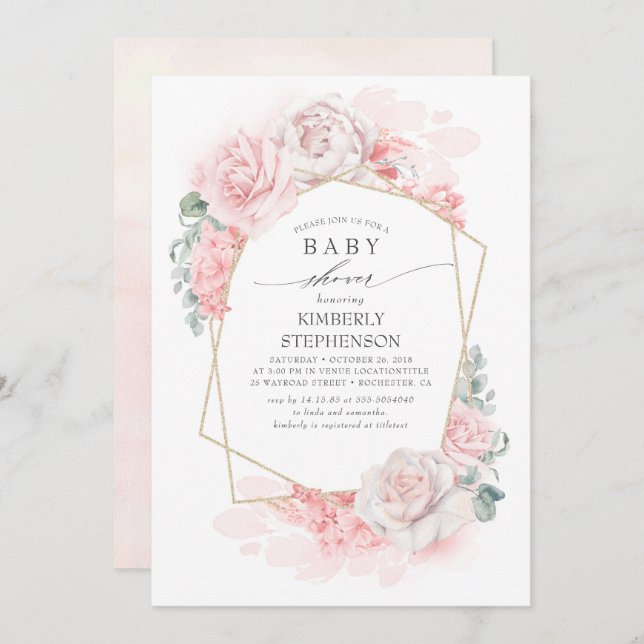 Soft Pastel Pink Flowers Elegant Baby Shower Invitation (Front/Back)