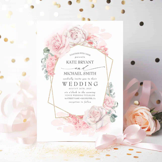 Soft Pastel Pink Flowers Elegant Romantic Wedding Invitation | Zazzle