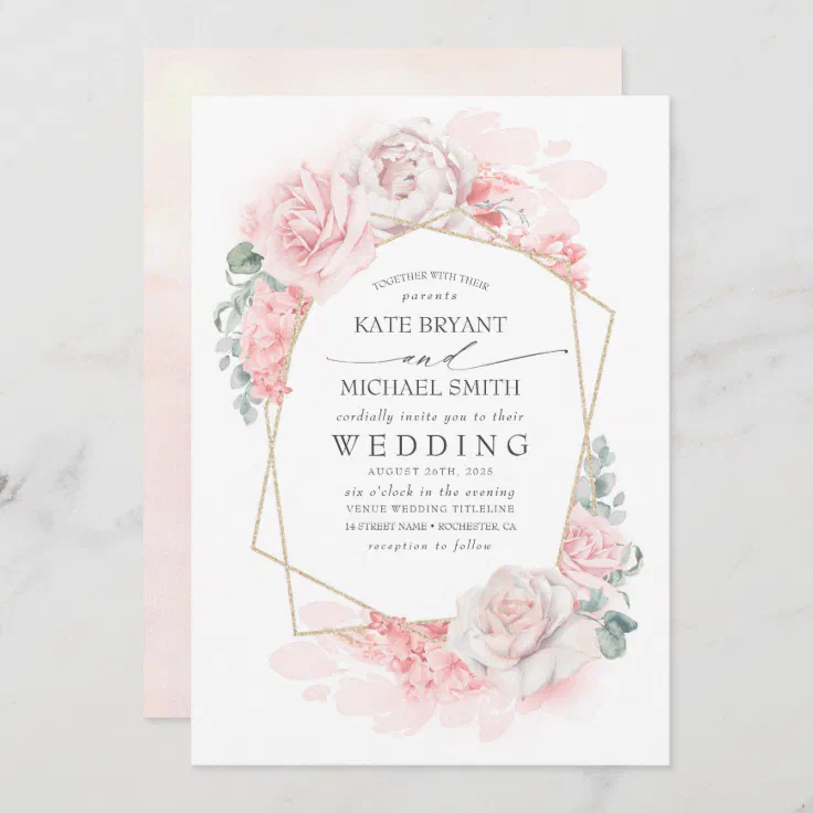 10 Wedding Invitations Day/Evening Water Colour Floral Flowers Gold Pink Elegant 