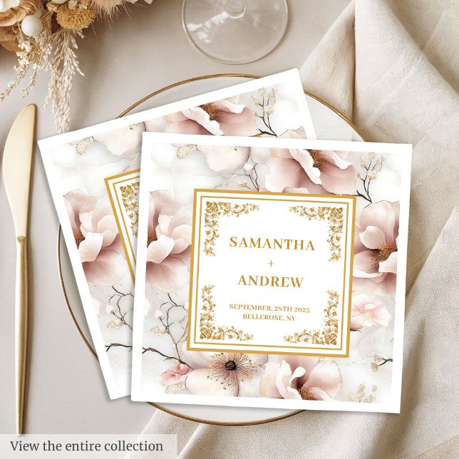 Soft pastel pink ivory gold boho floral wedding  paper dinner napkins (Soft pastel pink ivory gold boho floral wedding Paper Dinner Napkins)