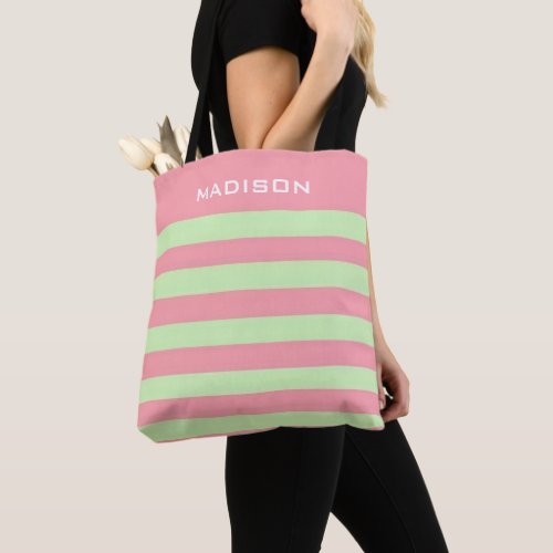 Soft Pastel Pink Light Green Color Block Stripes  Tote Bag