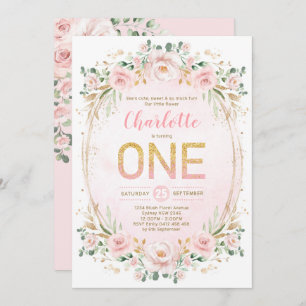 Soft Pastel Pink Rose Blush Gold Girl 1st Birthday Invitation