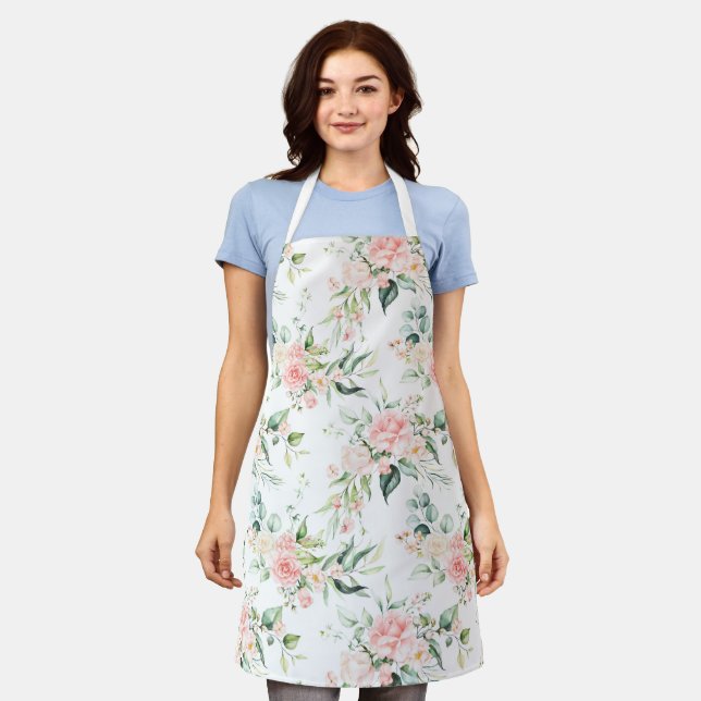 Soft Pastel Pink Rose Flower Pattern Apron (Worn)