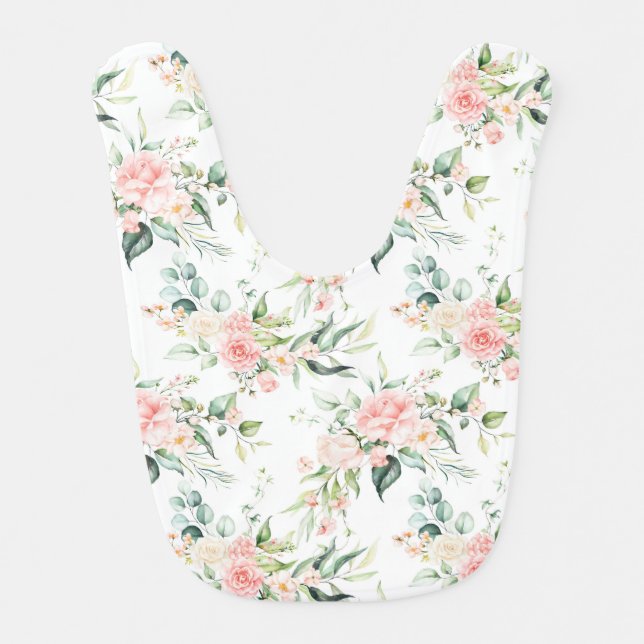 Soft Pastel Pink Rose Flower Pattern Baby Bib (Front)
