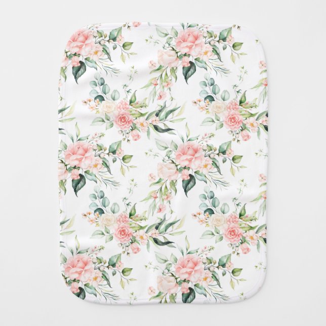 Soft Pastel Pink Rose Flower Pattern Baby Burp Cloth (Front)