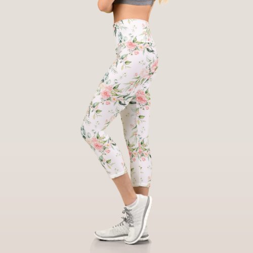 Soft Pastel Pink Rose Flower Pattern Capri Leggings