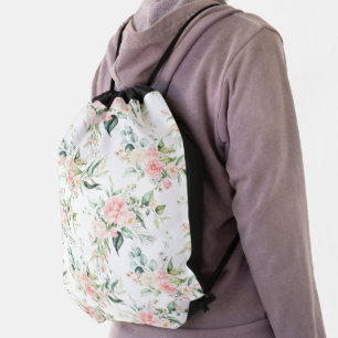 Soft Pastel Pink Rose Flower Pattern Drawstring Bag