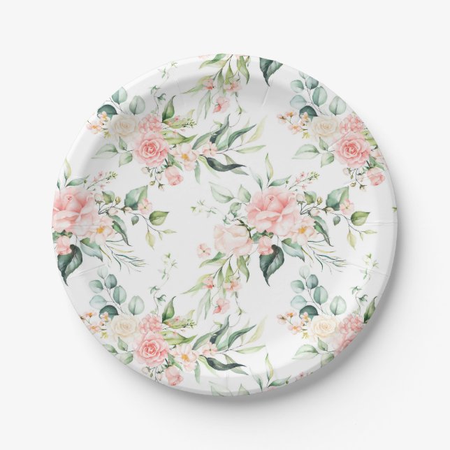 Soft Pastel Pink Rose Flower Pattern Paper Plates (Front)