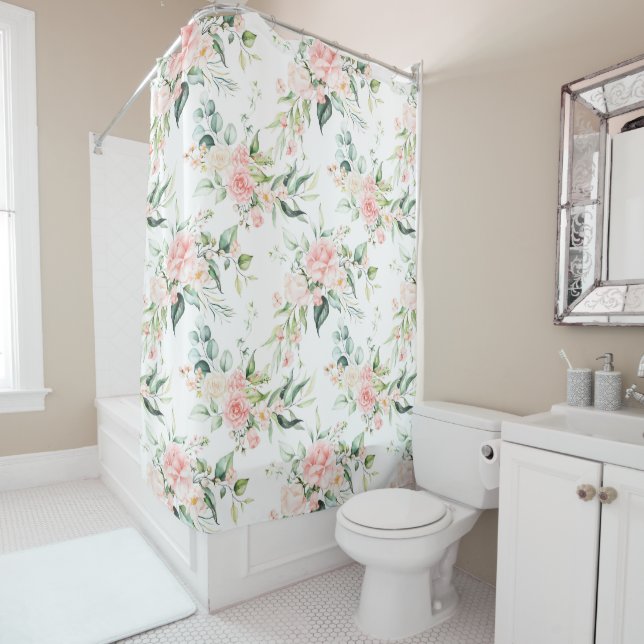 Soft Pastel Pink Rose Flower Pattern Shower Curtain (In Situ)