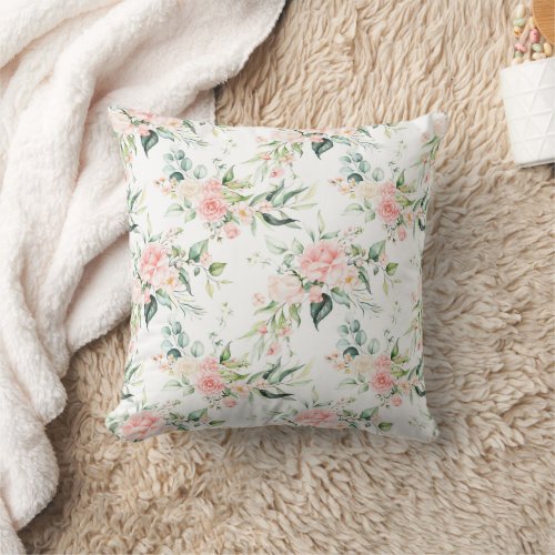 Soft Pastel Pink Rose Flower Pattern Throw Pillow