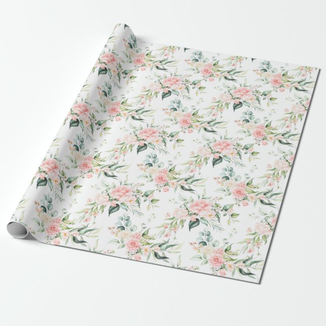 Soft Pastel Pink Rose Flower Pattern Wrapping Paper (Unrolled)
