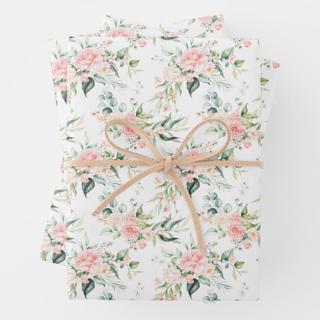 Soft Pastel Pink Rose Flower Pattern Wrapping Paper Sheets (In situ)
