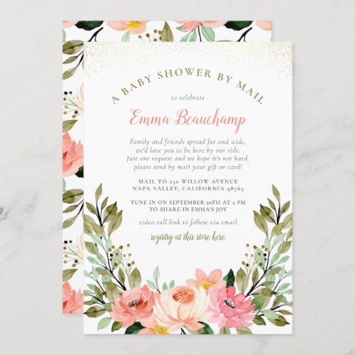 Soft Pastel Pink Rose Greenery Baby Shower By Mail Invitation