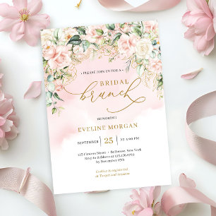 Soft pastel pink roses & gold bridal brunch invitation