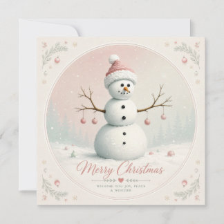 Soft Pastel Pink Snowman Winter Forest Card