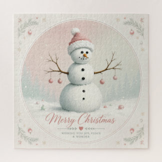 Soft Pastel Pink Snowman Winter Forest Jigsaw Puzzle